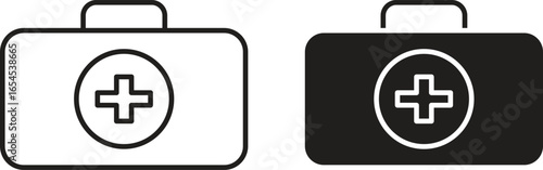 Two simple first aid kit icons, one black and one white, isolated on white background. Medical, healthcare symbols.