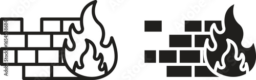 Two firewall icons engulfed in flames, isolated on white. Illustrative graphic design.