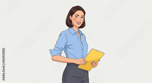 Animated businesswoman with folder, embodying professional energy and confidence