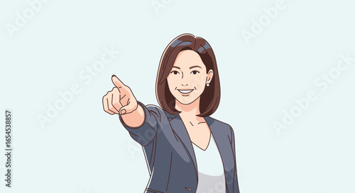 Confident professional woman pointing forward with a direct gaze illustration