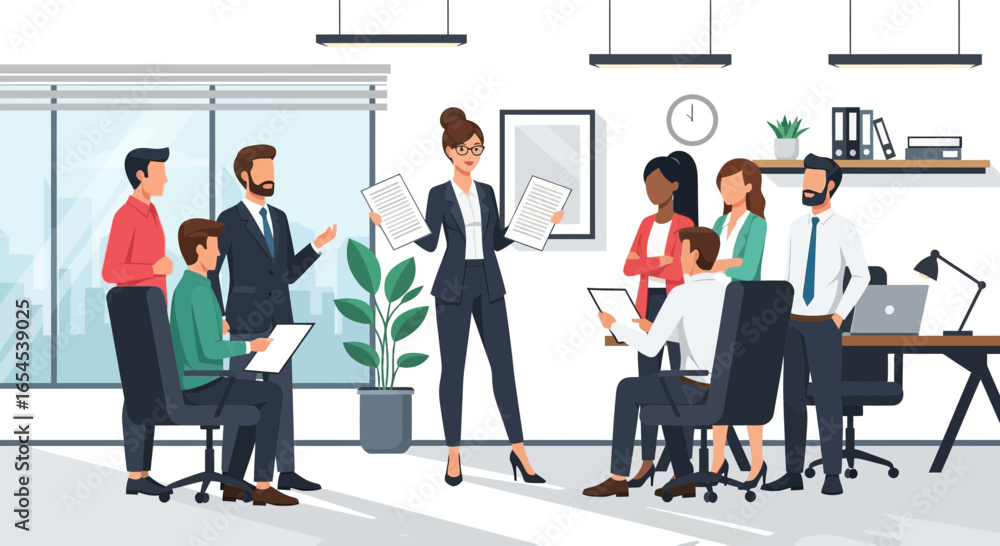 Fototapeta premium Corporate team meets to strategize plans in a modern office space