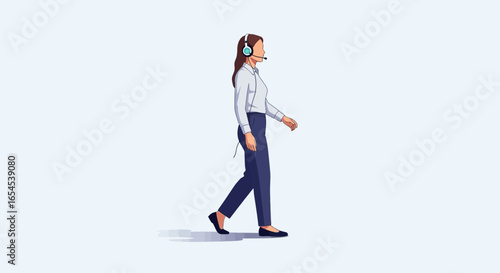 Customer service representative walking while wearing a headset illustration