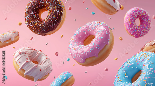 Flying Donuts, Multicolored Doughnuts with Sprinkles Floating on Pink Background, Mix of Multicolored Doughnuts with Sprinkles. Fun Sweet Design on Pink Background. Creative Dessert Art on Pastel Pink