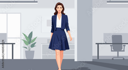 Elegant Businesswoman in Modern Office Space with Flared Skirt Outfit