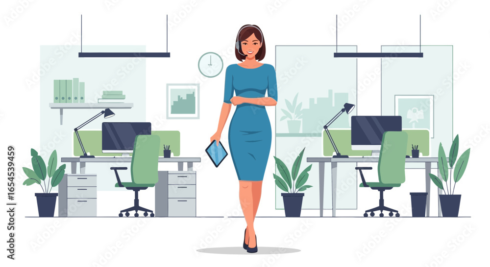 Fototapeta premium Elegant office manager with tablet poses in modern workplace environment