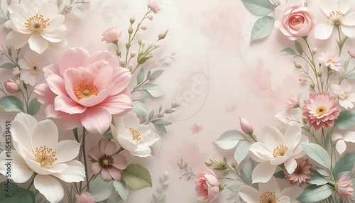 Romantic Soft Pastel Pink and White Floral Arrangement with Blooming Petals Illustration Wallpaper Background