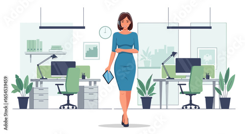 Elegant office manager with tablet poses in modern workplace environment
