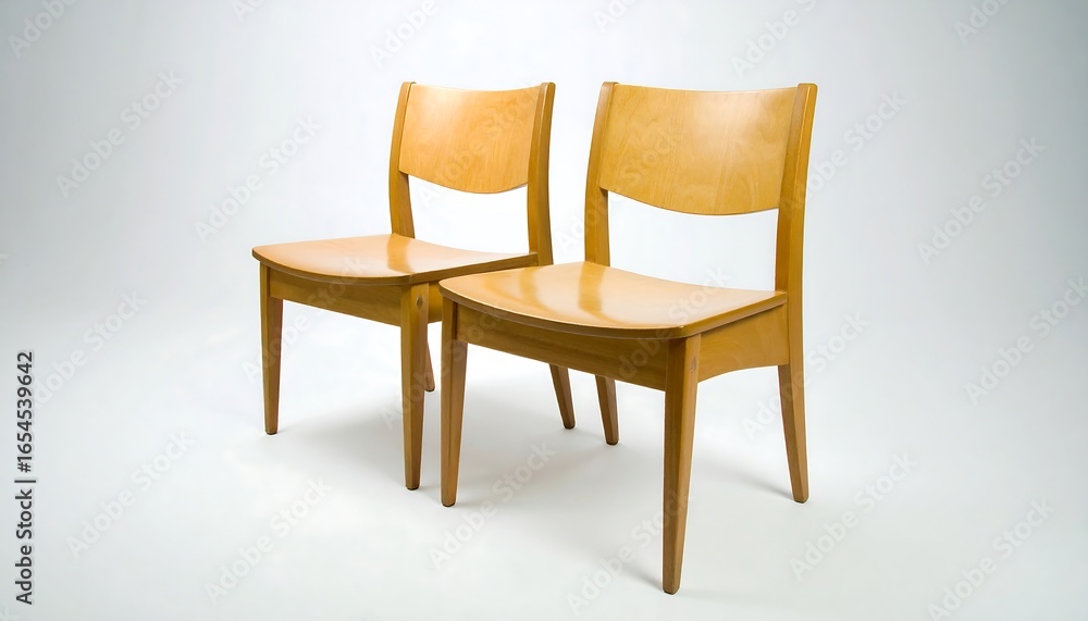 Fototapeta premium Two light-colored wooden chairs, sleek and modern in design, are presented against a bright, neutral background.
