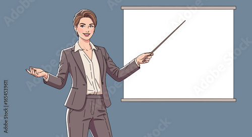 Energetic female executive delivering a presentation with confidence and poise