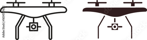 Simple line art illustration of a drone, shown in black and white versions, isolated on white.