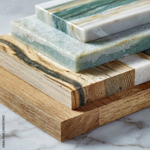 Stacked close-up of stone and wood samples for interior design