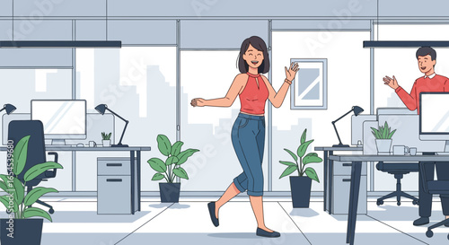 Enthusiastic coworker greets colleague in modern open plan office setting