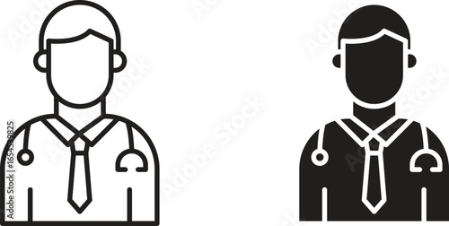 Two vector icons depicting a doctor, one in line style and one in solid style, isolated on white.