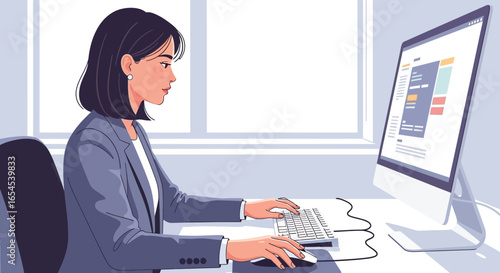 Focused business woman working on computer at desk in modern office