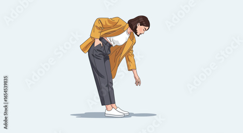 Fashionable woman in casual outfit gracefully bending in contemporary illustration