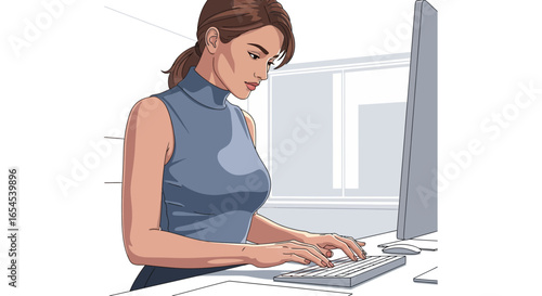 Focused professional woman working at computer in clean office environment