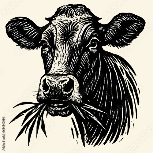 Linocut illustration of a cow chewing grass, rustic farm animal portrait, vector black and white drawing SVG