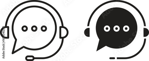 Two simple support icons, one black and one white, featuring a headset and speech bubble. Isolated on white background.