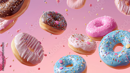 Flying Donuts, Multicolored Doughnuts with Sprinkles Floating on Pink Background, Mix of Multicolored Doughnuts with Sprinkles. Fun Sweet Design on Pink Background. Creative Dessert Art on Pastel Pink