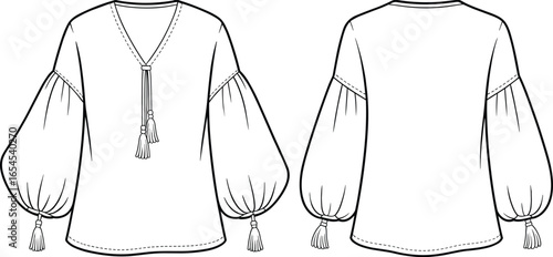 Long sleeve blouse, v neckline tassel detail, gathered shoulder and wrist ties, curved hem design, front and back view, vector CAD fashion technical flat drawing illustration