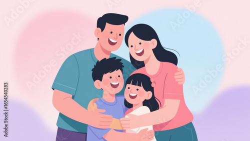 Flat vector of family hugging and smiling together, clean background.
