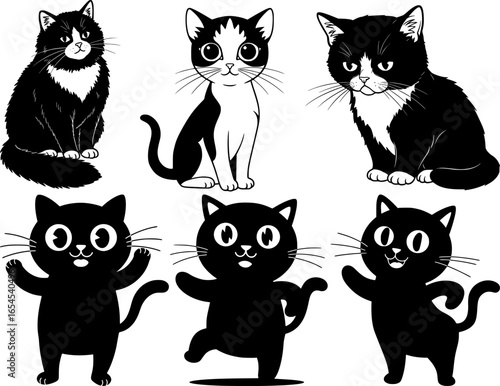 Adorable cats in black and white colors showing playful poses creating charming mixed feline character collection