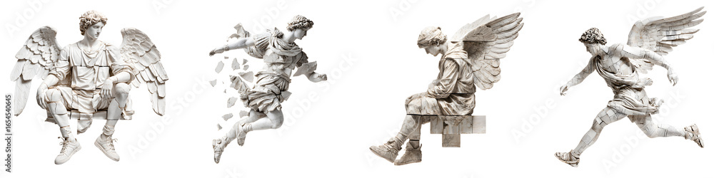 Four Angel Statues Isolated on White Background - Winged Figures Four Angel Statues Isolated on White Background - Winged Figures