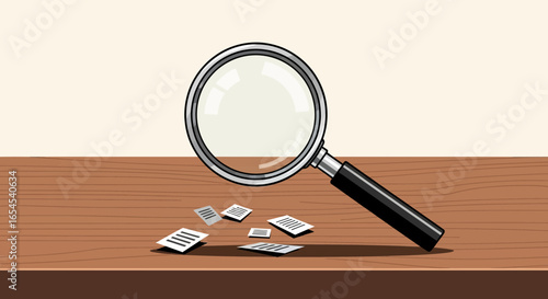 Magnifying glass revealing hidden details, papers scattered on the desk
