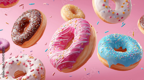 Flying Donuts, Multicolored Doughnuts with Sprinkles Floating on Pink Background, Mix of Multicolored Doughnuts with Sprinkles. Fun Sweet Design on Pink Background. Creative Dessert Art on Pastel Pink