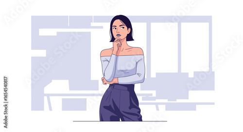 Pensive woman with a contemplative expression in a modern office