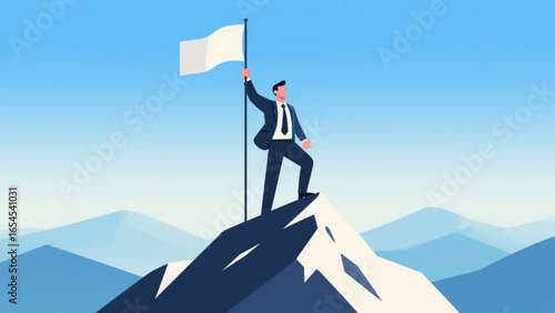 Career success concept, businessman on mountain peak with flag, flat design