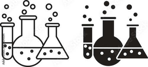 Illustration of science lab glassware: flasks and test tubes with bubbling liquids. Isolated on white.