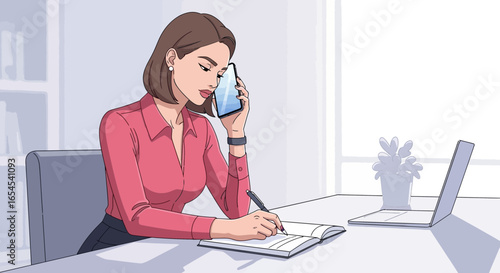 Professional woman multitasking with phone call and notebook at desk