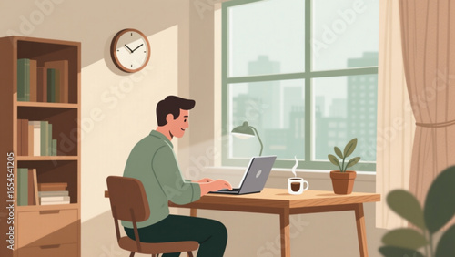 Remote work concept, person working on laptop at home desk, vector illustration