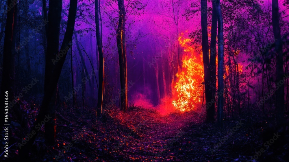 Fototapeta premium A fire with a dark and moody palette of neon colors
