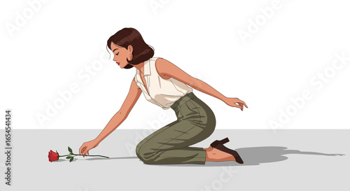 Solitary woman with a rose, artistic expression and minimalist art design