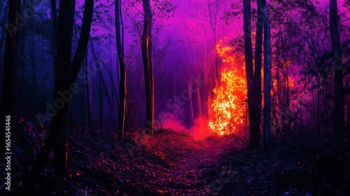 A fire with a dark and moody palette of neon colors