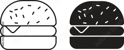 Simple line art and solid black burger icons with sesame sprinkles. Perfect for menus or apps.