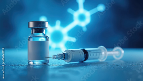 Pharmaceutical vial with sterile syringe, science laboratory background with molecular structure. Medical product photography for diabetes treatment, weight management, obesity, metabolic hormone