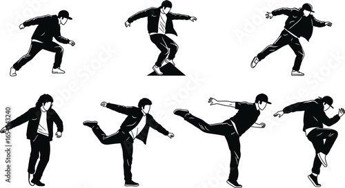 Street dance silhouettes, urban hip hop dancers, black and white vector art, dynamic poses, modern breakdancing, youth culture, energetic movement.