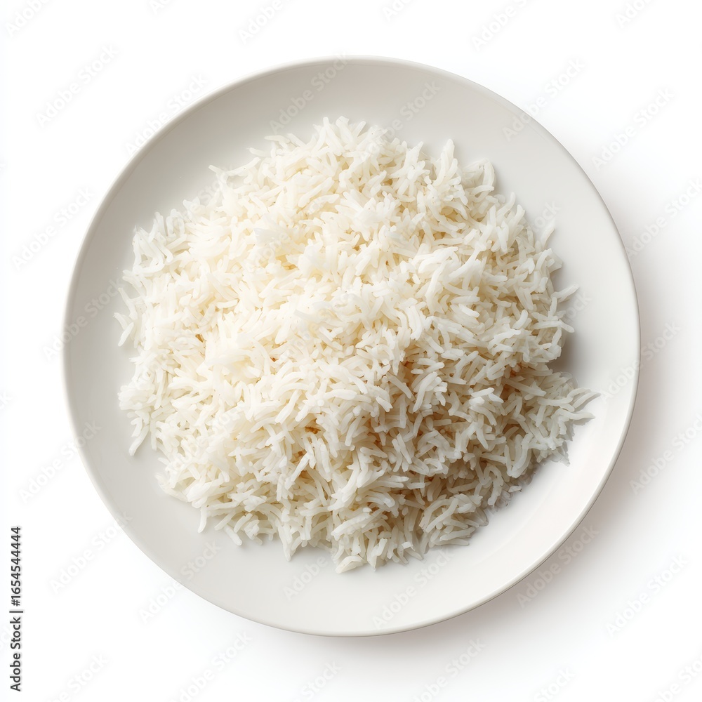 A close-up shot of a plate of cooked white rice, demonstrating the perfect texture and appetizing quality A close-up shot of a plate of cooked white rice, demonstrating the perfect texture and appetizing quality