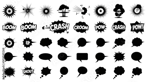 Comic Burst Explosion and Speech Bubble Vector Icon Set in Black Silhouettes
