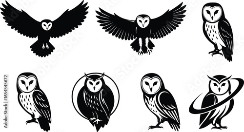 Stylized owl vector set, flying and perched owls, black and white owl illustrations, barn owl silhouette, owl logo design