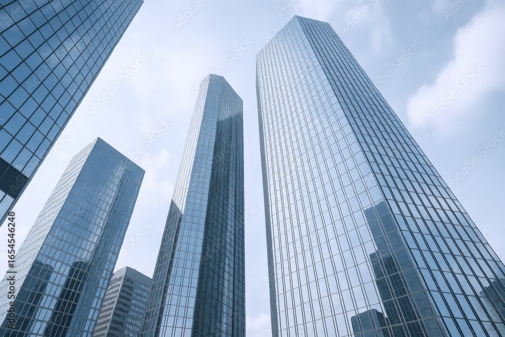 Modern Architecture: Upward View of Blue Glass Skyscrapers Against a Cloudy Sky Modern Architecture: Upward View of Blue Glass Skyscrapers Against a Cloudy Sky