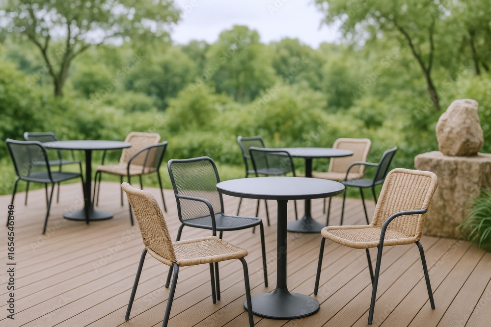 Outdoor Cafe Seating on Deck with Greenery and Trees in Background for Relaxation and Dining Outdoor Cafe Seating on Deck with Greenery and Trees in Background for Relaxation and Dining
