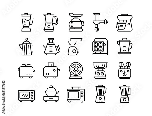 Collection of black and white line art icons of kitchen appliances and gadgets blender mixer