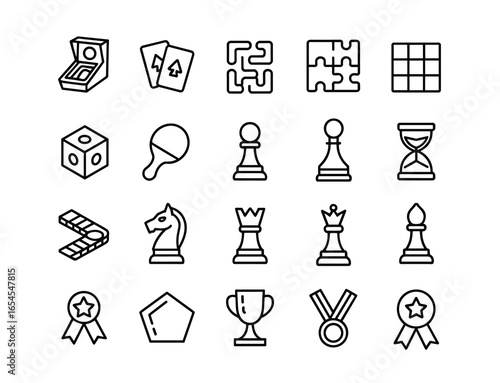 Collection of black and white line art icons representing board games and game pieces chess pawn