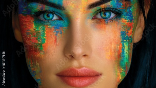 Close up of a woman's face with vibrant abstract colorful paint strokes across her cheeks and eyes