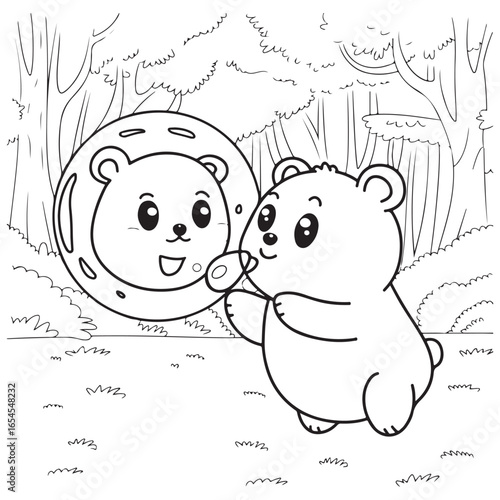 Cozy Routine, cute Kawaii Bear, coloring
pages with Black and white vector
illustration For Adults & Kids