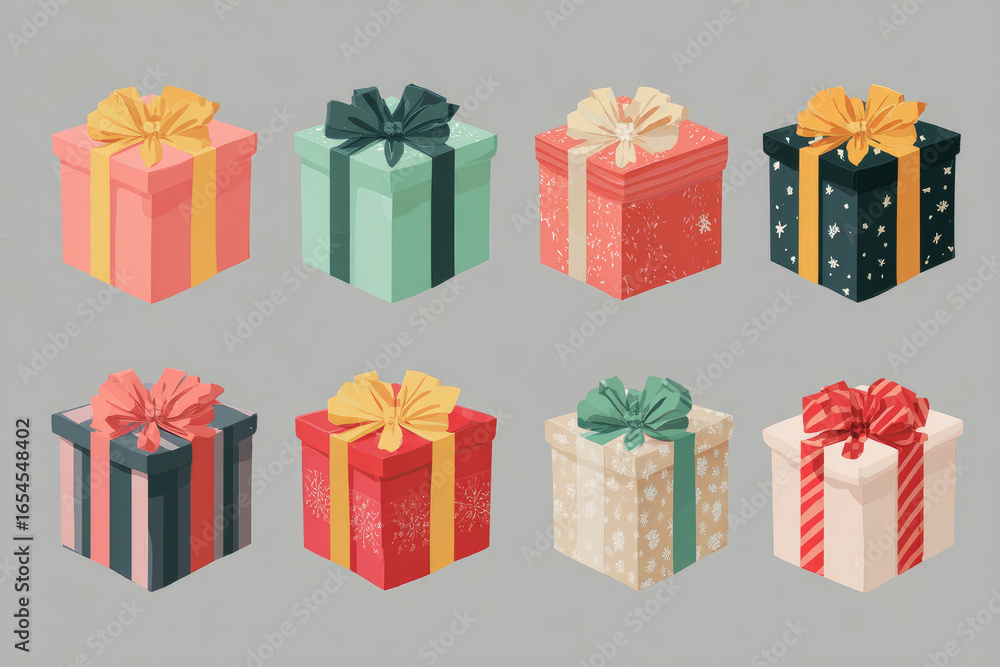 Set of Christmas gifts, New Year presents, gift boxes with ribbons, vector illustration in flat style Set of Christmas gifts, New Year presents, gift boxes with ribbons, vector illustration in flat style